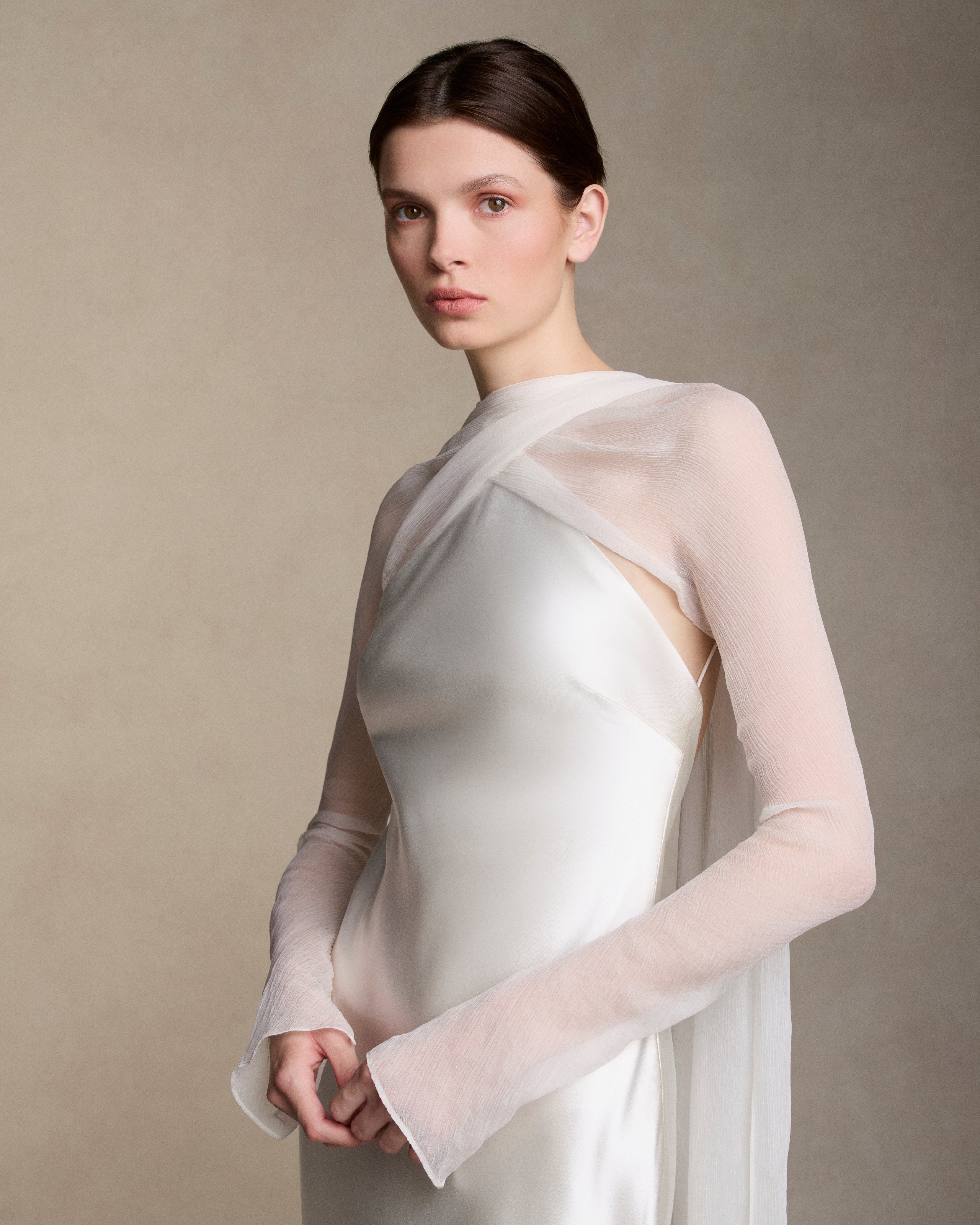 Danielle Frankel Mari Gown with Crinkle Chiffon Sleeves