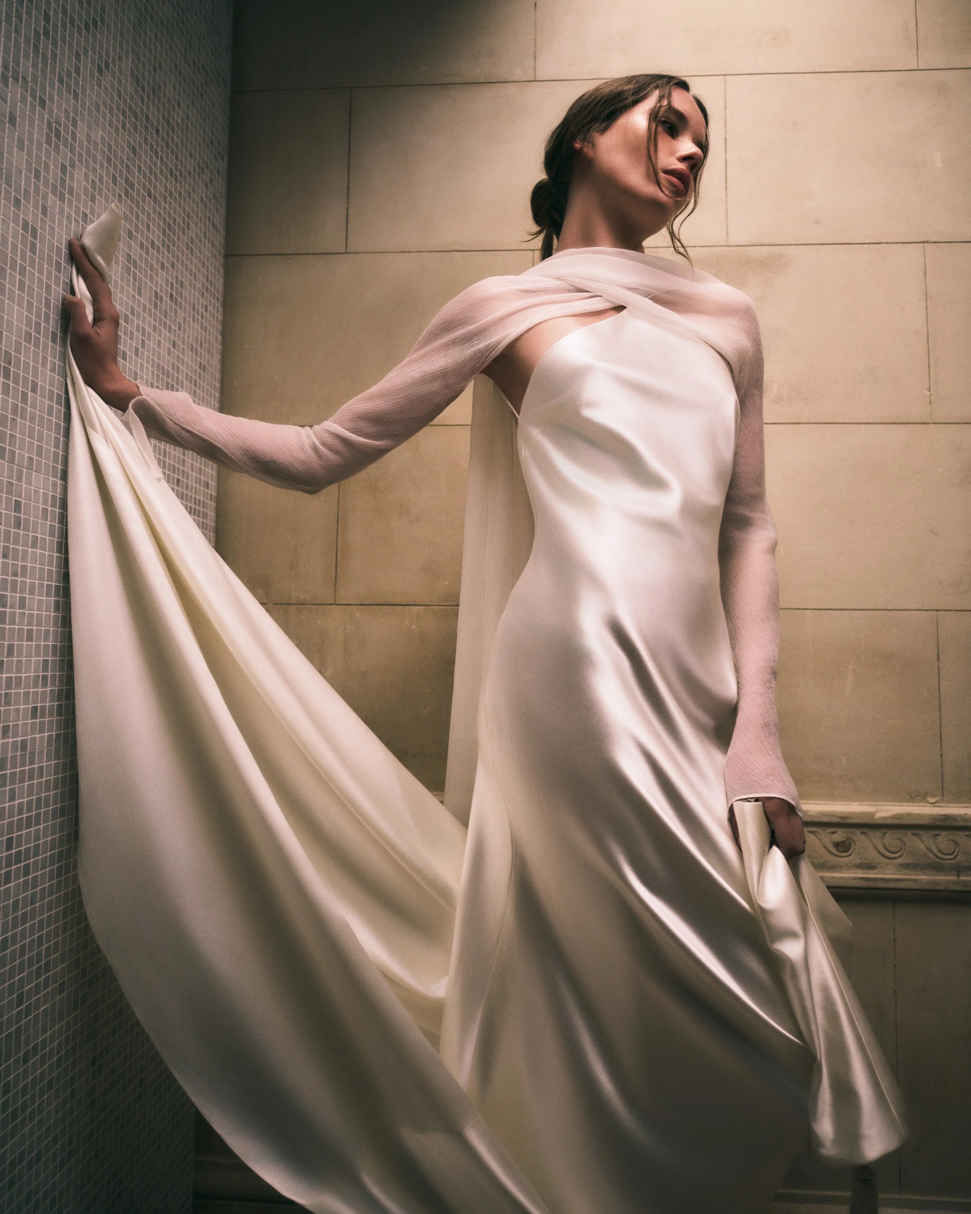 Danielle Frankel Mari Gown with Crinkle Chiffon Sleeves Wedding Gown Belle Bridal Atelier Chicago Belle Atelier Danielle Frankel Mari Gown with Crinkle Chiffon Sleeves Wedding Gown Belle Bridal Atelier Chicago Belle Atelier