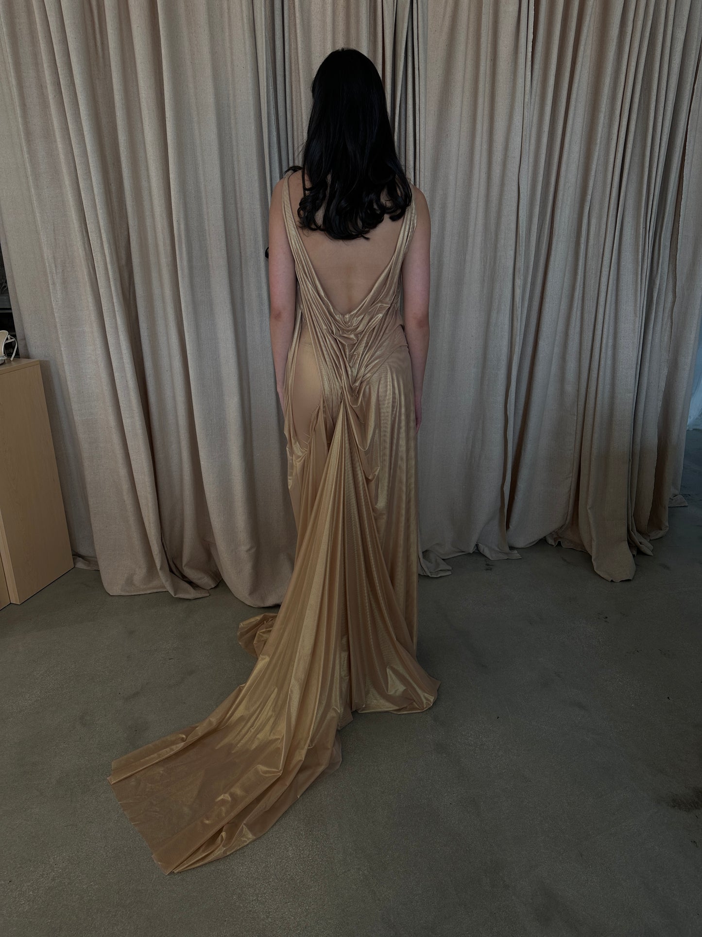Gold Wet Look Gown by Di Petsa | Belle Atelier NYC Gold Wet Look Gown by Di Petsa | Belle Atelier NYC