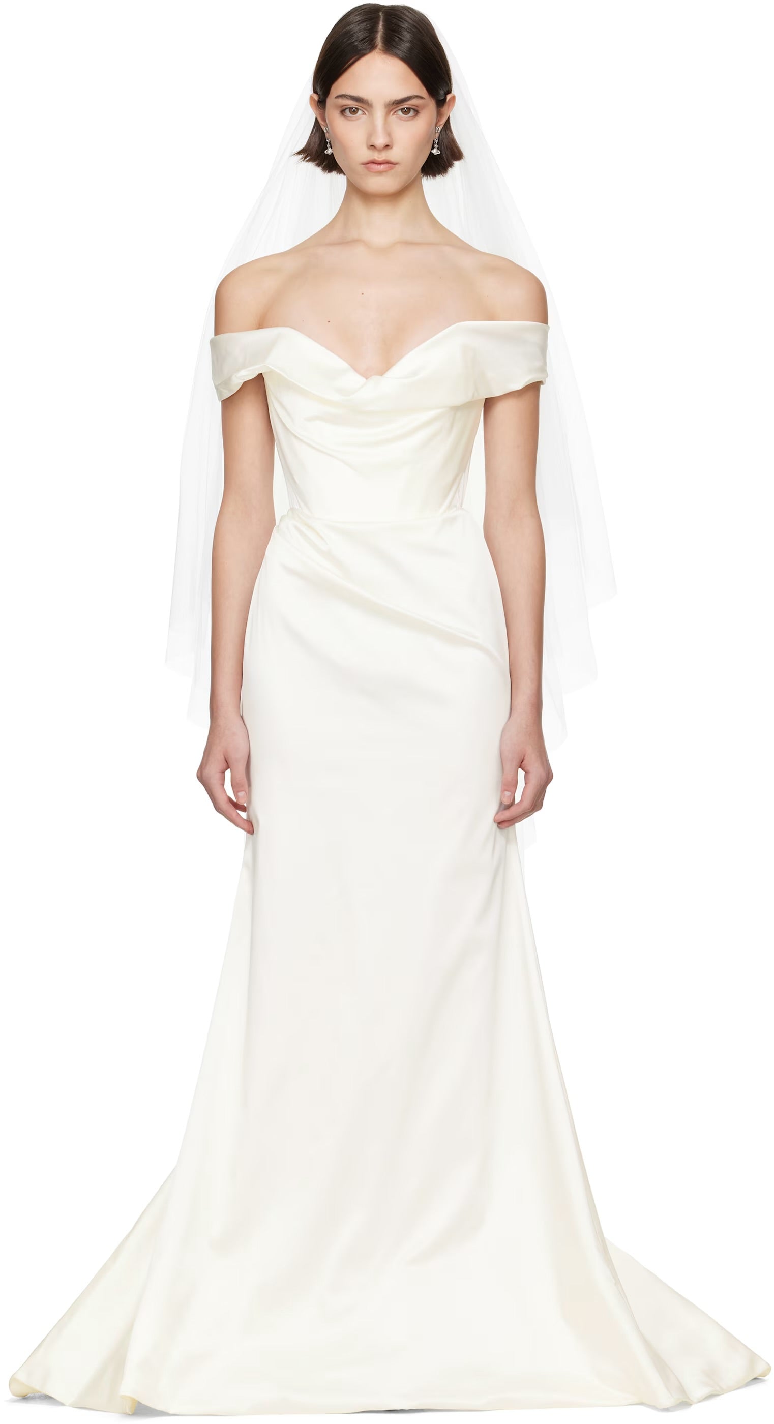 Woman wearing a white off-shoulder gown on a white background