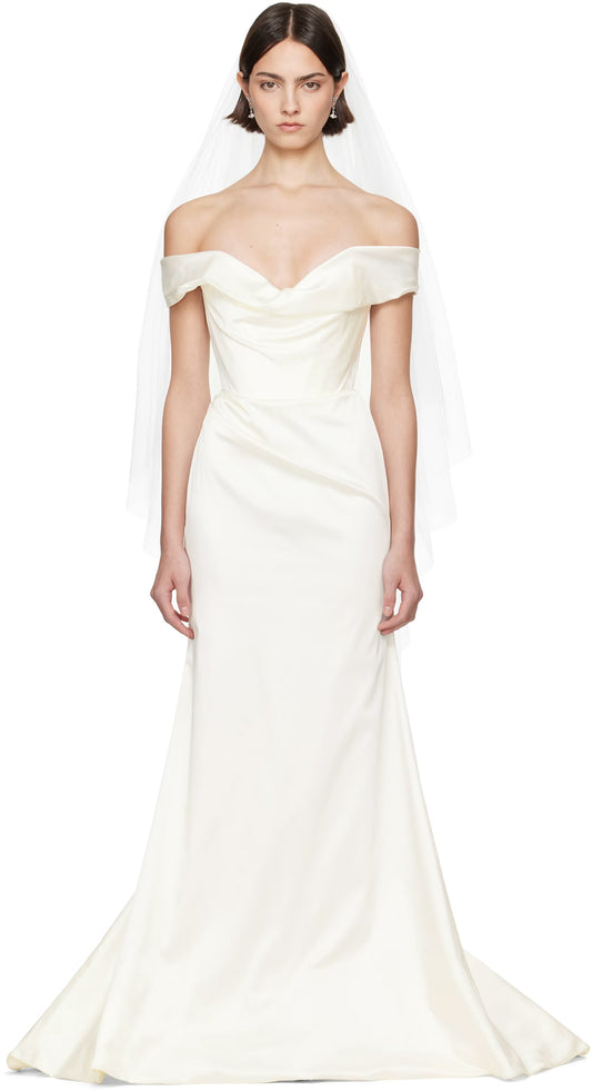 Woman wearing a white off-shoulder gown on a white background