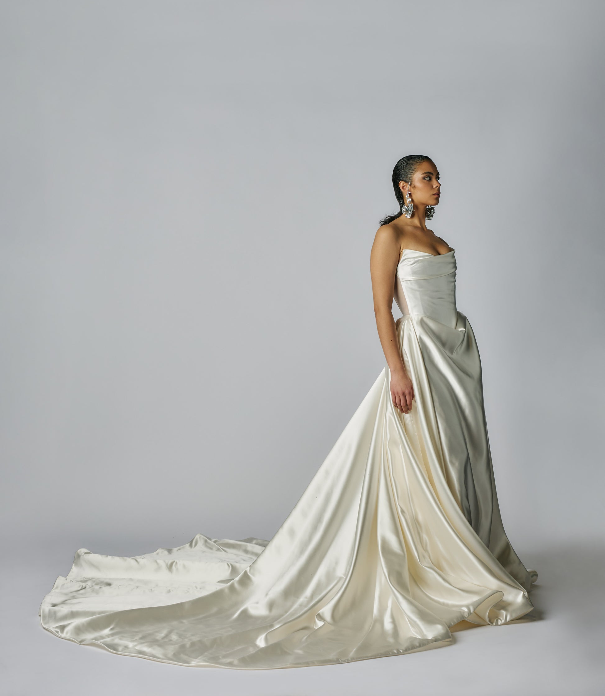 dress kain satin bridal Ladivine CD868W Fitted Satin & Lace Bridal Gown, Off White / 2
